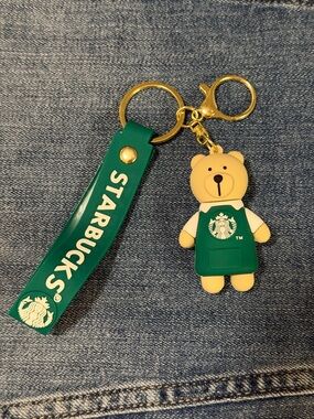 Starbucks Green Apron Bear Key Ring with Gold Hardware
